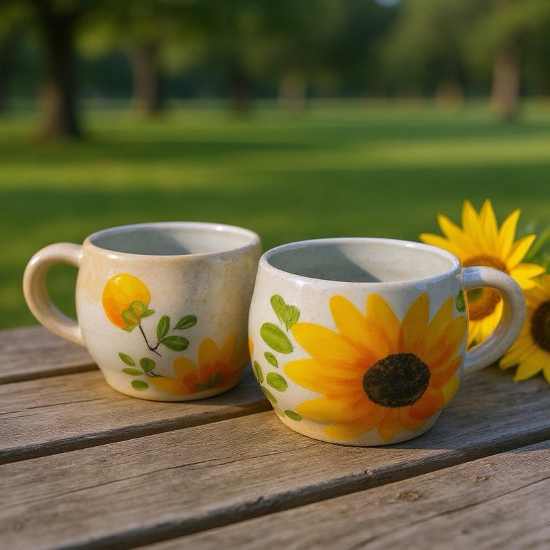 Pu&ograve; includere: Due tazze in ceramica con disegni floreali su una superficie di legno. Una tazza presenta un fiore giallo con foglie verdi, l'altra un disegno di girasole. Le tazze hanno uno sfondo color crema e sono davanti a uno sfondo verde.