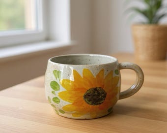 Handmade Sunflower Ceramic Mug, Hand Painted Pottery Tea Mug, Coffee Cup, Rustic Floral Ceramic Cup, Unique Gift for Sunflower Lover
