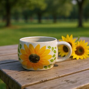 Pu&ograve; includere: Tazza in ceramica color crema con un grande motivo di girasole giallo. La tazza ha una forma arrotondata e un manico robusto. Accenti di foglie verdi circondano il girasole. Due girasoli sono accanto alla tazza su una superficie di legno.