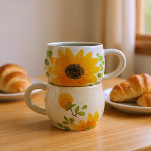 Pu&ograve; includere: Due tazze in ceramica impilate su una superficie di legno. La tazza superiore presenta un grande motivo di girasole giallo. La tazza inferiore ha un motivo floreale con accenti gialli e verdi. Croissant e piatti sullo sfondo.
