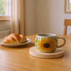 Pu&ograve; includere: Una tazza in ceramica con un design a girasole, appoggiata su un sottobicchiere di legno. Un piatto con due croissant &egrave; nelle vicinanze. La tazza ha un girasole giallo con foglie verdi.