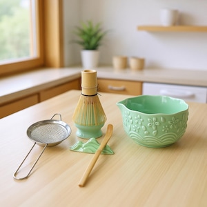 Handmade Ceramic Matcha Bowl Set, 4 or 7-Piece Japanese Tea Ceremony Kit, Floral Jade Green Matcha Kit,Chawan Whisk Scoop Holder Gift Set