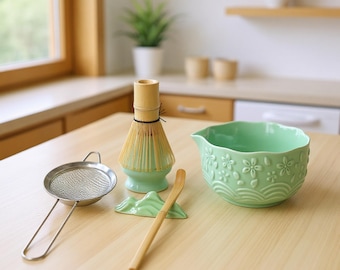 Set di ciotole da matcha in ceramica fatte a mano, kit per la cerimonia del tè giapponese da 4 o 7 pezzi, kit matcha verde giada floreale, set regalo con frusta e cucchiaio per chawan.
