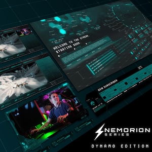 Może przedstawiać: Niebieski i zielony cyfrowy ekran z tekstem "WELCOME TO THE STREAM STARTING SOON." i "NEMORION SERIES DYNAMO EDITION". Ekran pokazuje również powiadomienie o nowym subskrybencie i gracza grającego w grę wideo.