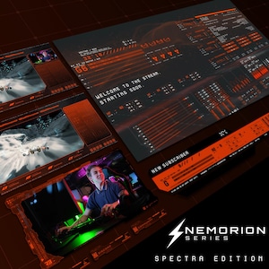 Könnte beinhalten: Ein rotes und schwarzes digitales Overlay mit dem Text "WELCOME TO THE STREAM. STARTING SOON" und "NEW SUBSCRIBER 8///" mit einem Blitz-Logo und dem Text "NEMORION SERIES SPECTRA EDITION".