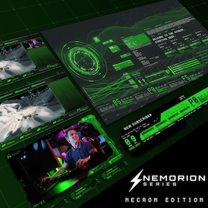 Puede incluir: Una superposición digital verde y negra con el texto "NEMORION SERIES NECRON EDITION" y un logotipo de rayo verde. La superposición incluye una variedad de elementos digitales, como un radar circular, un contador de nuevos suscriptores y una cuenta regresiva para el inicio de la transmisión.