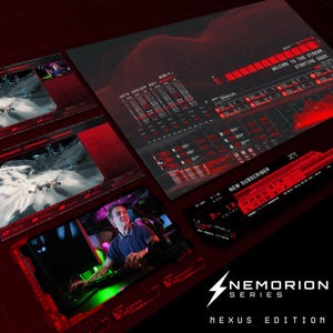 May include: A red and black gaming setup with a gamer playing a video game. The screen displays a futuristic landscape with a vehicle driving through a snowy area. The text "NEMORION SERIES NEXUS EDITION" is displayed in white on a black background.