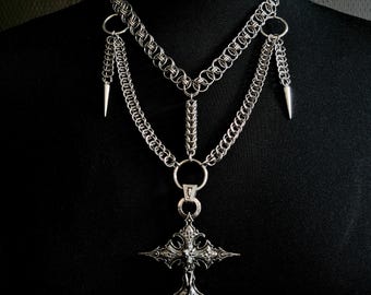 Spiked Chainmail Cross Necklace, Stainless Steel, Handmade, Gothic 