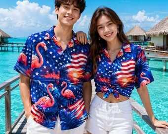 4th of July Hawaii Shirt Patriotic Flamingo Sunset, American Flag Aloha Button Up, Independence Day Tropical