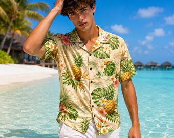 Hawaiihemd mit Ananasdruck, Vintage Aloha Casual Button Shirt, Tropisches Garten Thema
