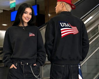 USA Flag Embroidered Sweatshirt, American Flag Back Print Crewneck, 4th of July Shirt, Independence Day Gift, Patriotic 1776 2026