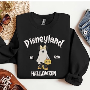 Bluza z haftowanym duchem z kreskówki Halloween, słodka koszula z haftowanym motywem myszy, bluza z kapturem na święta Horror, jesienny okrągły dekolt
