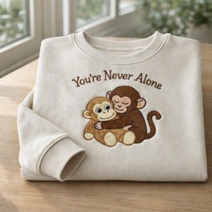 Team Punch Monkey Embroidered Sweatshirt, Baby Monkey You’re Never Alone Embroidered Shirt, Emotional Gift for Animal Lovers