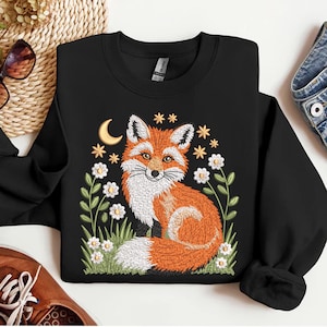 Fox And Moon Floral Embroidery Sweatshirt, Woodland Animal Embroidered Shirt, Fall Fox With Flowers Hoodie, Fall Crewneck, Halloween Gift