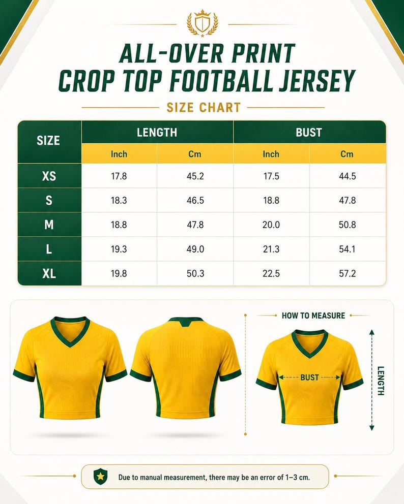 May include: A size chart for an all-over print crop top football jersey. The chart displays length and bust measurements in inches and centimeters for sizes XS through XL. Three yellow and green jerseys are shown with labels for measuring.