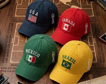 USA Canada Brazil Mexico Embroidered Hat , World Cup 2026 National Team Hat Embroidery Cap, Patriotic Flag Dad Gift, Custom Country Cap