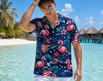 Camisa hawaiana del Día de la Independencia con flamencos patrióticos, camisa abotonada con la bandera estadounidense, atuendo tropical Aloha para el 4 de julio.
