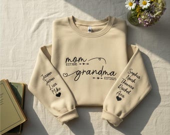 Personalized From Mom to Grandma with Kids Names On Sleeves Embroidered Sweatshirt, Grandma Embroidered Shirt, Custom Mom Est Year Hoodie