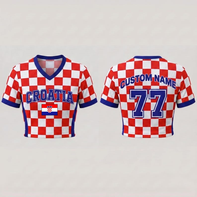 May include: A V-neck crop top featuring a red and white checkerboard pattern. The front displays the text CROATIA in blue with a small Croatian flag. The back shows the text CUSTOM NAME and the number 77 in blue with white outlines.