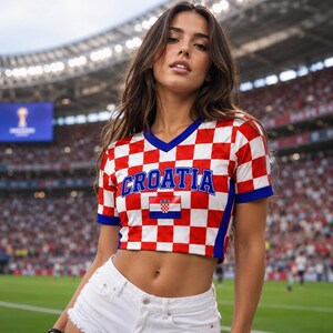 May include: A short-sleeved V-neck crop top featuring a red and white checkered pattern. The word CROATIA is printed in blue block letters across the chest above a small rectangular Croatian flag. The sleeves and neckline have blue trim.