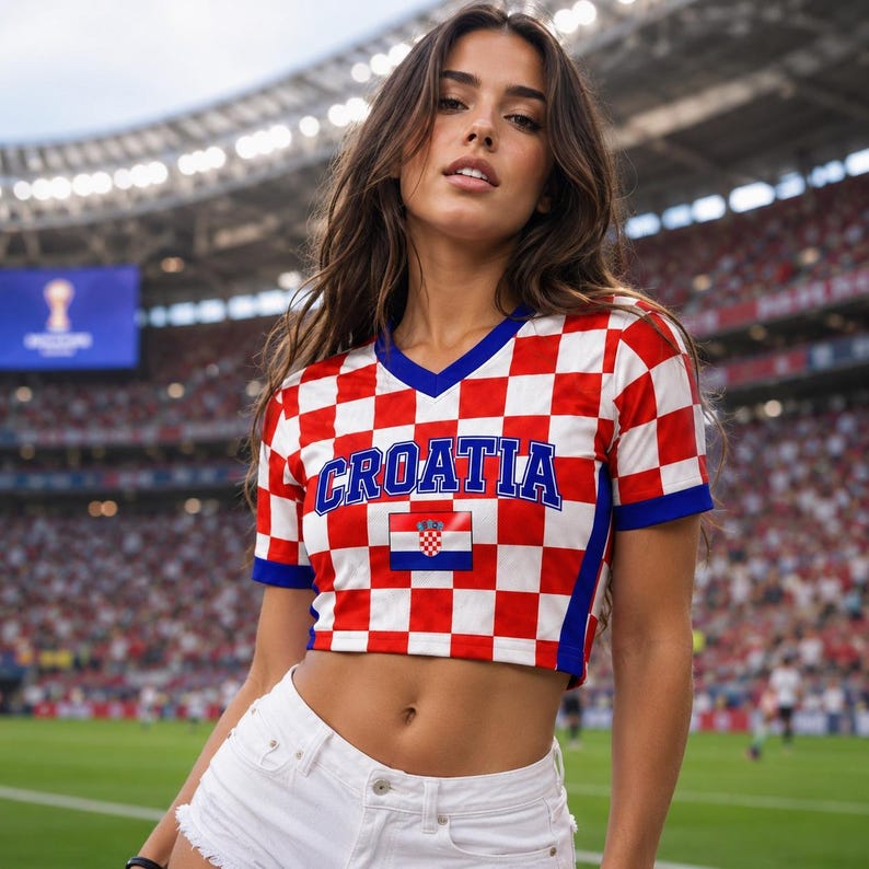 May include: A short-sleeved V-neck crop top featuring a red and white checkered pattern. The word CROATIA is printed in blue block letters across the chest above a small rectangular Croatian flag. The sleeves and neckline have blue trim.