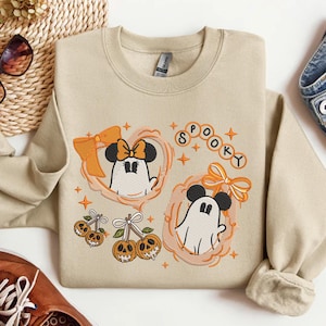 Halloween WDW Mouse Embroidered Sweatshirt, MK MN Ghost Embroidered Shirt, Pumpkin Bow Hoodie, Spooky Season Gift, Cartoon Fan Gift