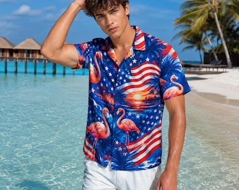 Camisa hawaiana del 4 de julio con flamencos patrióticos al atardecer, bandera estadounidense y botones Aloha, Día de la Independencia Tropical