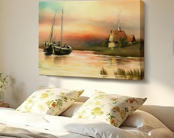 Russia Village Fishermen Landscape Wall Painting, Landscape Wall Canvas Table, Nature Wall Decor, Nature Canvas Decor, Nature Canvas Art