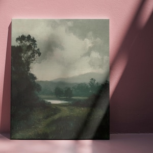 Moody Forest Landscape Art, Misty Nature Canvas Print, Dark Scenic Wall Decor, Serene Woodland Painting, Minimal Earthy Wall Art