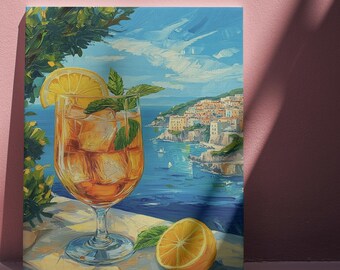 Summer Wall Art, Cocktail Wall Art, Italian Coast Painting, Lemon & Sea View Art, Colorful Decor, Art For Kitchen, Bar Decor, Kitchen Gift