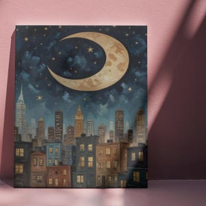 Mond über Stadt Leinwand Kunst, Nacht Stadtbild Wandbild, Mondsichel Skyline Gemälde, Urbane Verträumte Wanddekoration, Schlafzimmer Nacht Kunst