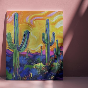 Colorful Desert Art, Cactus Canvas Wall Art, Vibrant Wall Decor, Southwest Art, Sunset Painting, Landscape Art, Nature Lovers Gift