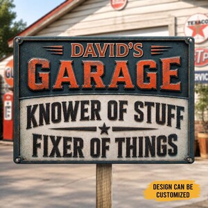Personalized Knower of Stuff Fixer of Things Garage Metal Sign, Custom Name Knower And Fixer Wall Decor, Custom Place Gift For Man, eR236gCc