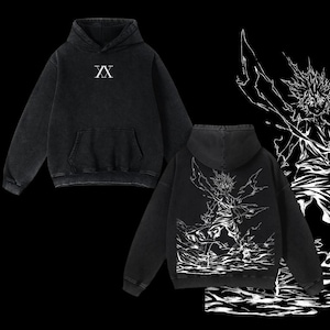 May include: Black hooded sweatshirt with a front pocket and white "XX" logo. The back of the sweatshirt features a white graphic of a character with a dynamic pose. The design is on a black background.
