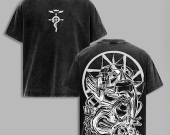 アニメヴィンテージウォッシュ加工スチールアルケミストTシャツ、ダークな日本のTシャツ、アニメ愛好家へのギフト