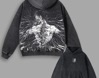 Vintage Washed Titan Form Hoodie, Dark Grunge Oversized Pullover, Anime Lovers Gift