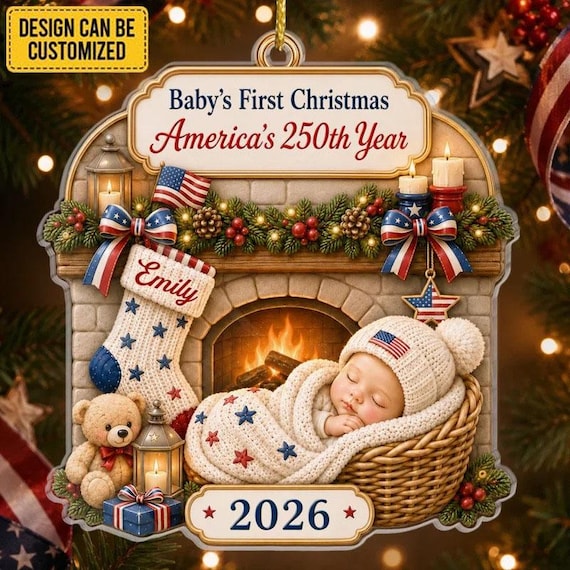 Personalized Baby's 1st Christmas America 250th Anniversary Ornament, Newborn Keepsake, New Baby Ornament, Patriotic Ornament, eW066h1c