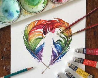 Rainbow Feather Heart - Love Is Love - LGBTQIA