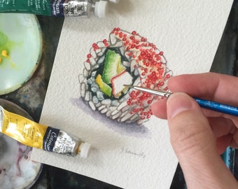 Sushi painting - California roll - maki sushi watercolour