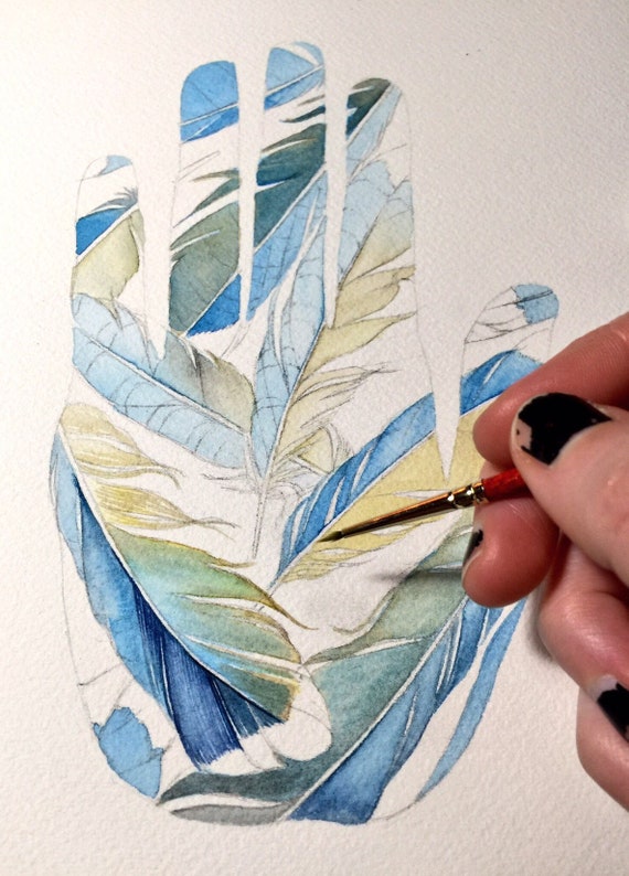 Blue Jay Feather Hand Original Watercolour Feather Painting Etsy