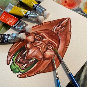 Original watercolour portrait/bust of Battle Cat based on the vintage Masters of the universe action figure