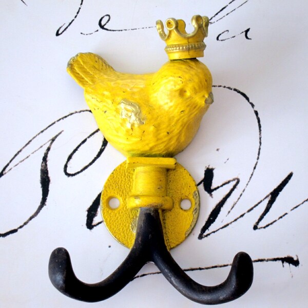 Cast Iron Bird Hook Bird Wall Hook Upcycled Bird Hook Nursery Hook Kitchen Hook Wall Hook Bird Decor Yellow Bird Hanger Jewelry Hook Crown