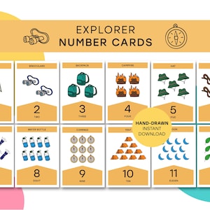 Correspondance des numéros d'explorateur | Flashcard imprimable | Activité d'apprentissage pour les enfants | Jeu d'association de nombres | Apprendre à compter | Camping aventure
