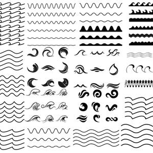 Puede incluir: Una colección de ilustraciones de olas en blanco y negro. Las ilustraciones incluyen diferentes estilos de olas, desde líneas simples hasta diseños más complejos. Las olas están todas en orientación horizontal.