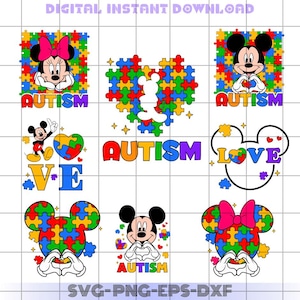 May include: A set of six digital cut files featuring Mickey Mouse and Minnie Mouse with puzzle pieces in the colors of the autism awareness ribbon. The designs include the words "Autism", "Love", and "We".