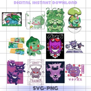Könnte beinhalten: Ein digitaler Download-Satz mit 10 Illustrationen zum Thema Pokémon. Die Illustrationen zeigen verschiedene Pokémon-Charaktere, darunter Bisasam, Gengar und Mauzi. Die Illustrationen sind im Cartoon-Stil gehalten und eignen sich perfekt für Bastelprojekte, Scrapbooking oder digitales Design.