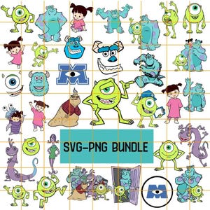May include: A set of 25 SVG and PNG digital files featuring various characters from the movie Monsters Inc. The characters include Sully, Mike, Boo, and Randall. The files are perfect for crafting, scrapbooking, and other creative projects.