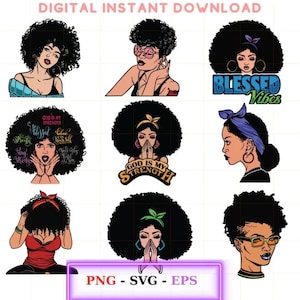 Afro Woman Cap Low Hat SVG, Beautiful African American Silhouette Bundle, Black Queen Melanin Vector, Afro Hair Girl Cricut Files for Svg