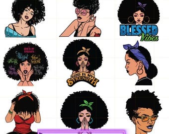 Afro Woman Cap Low Hat SVG, Beautiful African American Silhouette Bundle, Black Queen Melanin Vector, Afro Hair Girl Cricut Files for Svg
