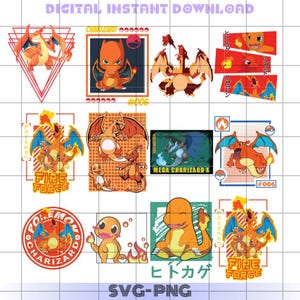 Könnte beinhalten: Ein digitaler Download-Satz mit neun Bildern, die das Pokémon Glurak in verschiedenen Posen und Stilen zeigen. Die Bilder zeigen Glurak in seiner normalen Form, Mega-Glurak X und Glurak mit seinem charakteristischen Feuerangriff. Die Bilder sind in verschiedenen Farben gehalten, darunter Rot, Orange, Gelb und Schwarz. Die Bilder eignen sich perfekt für die Verwendung in Bastelarbeiten, Scrapbooking oder digitalem Design.